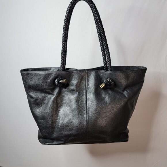 Clarks Black Leather Tote – Braided Handles, Front Zip Pocket | Everyday Carry - Picture 5 of 9